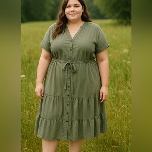 Sage Green Button Front Midi Dress Women's 1X Belted Tiered Cotton Lyocell Blend